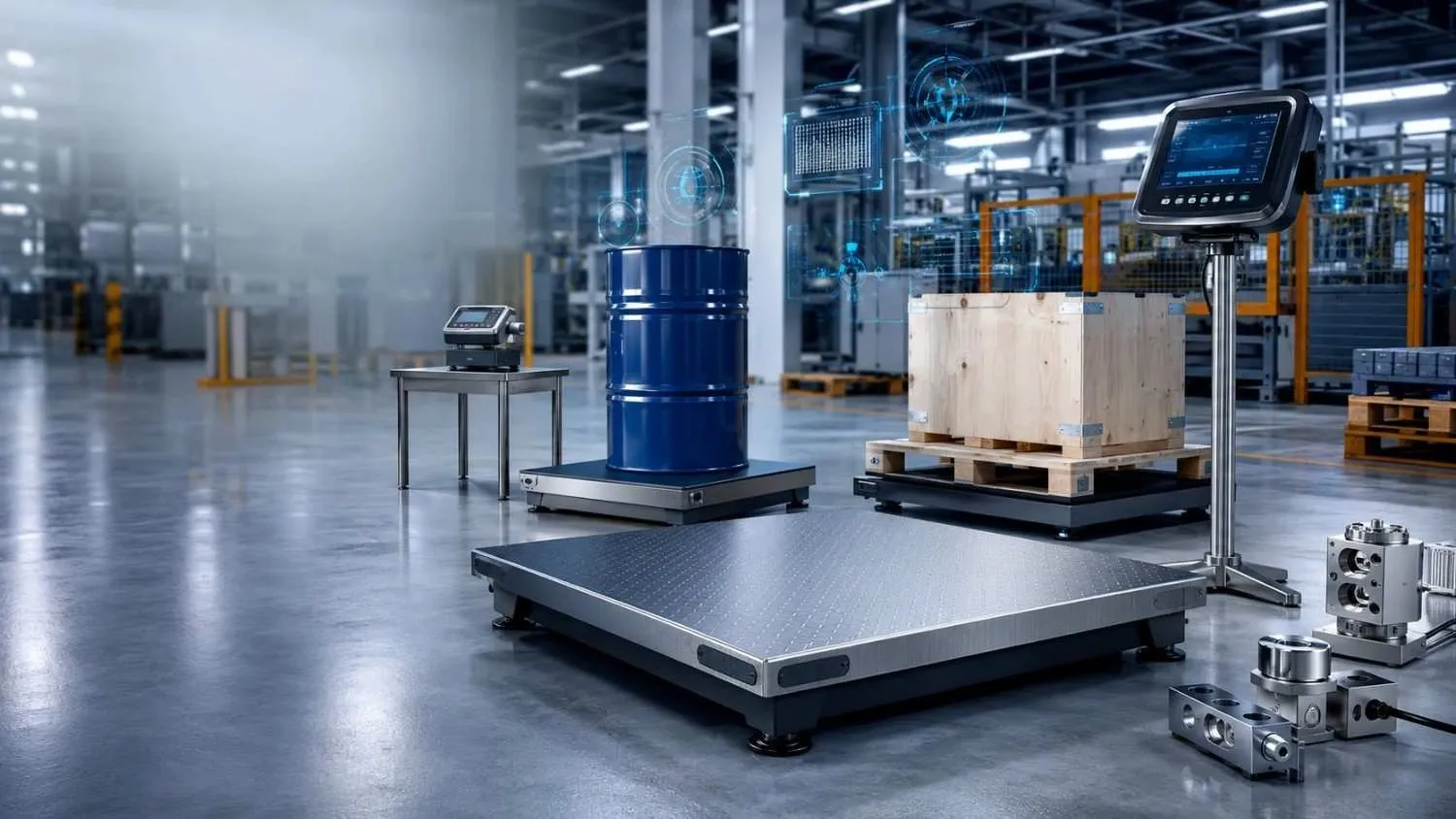 Industrial floor scale with digital weighing equipment in a modern warehouse